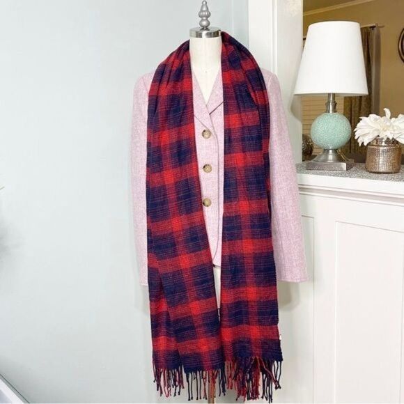 Banana Republic Navy Blue & Red Plaid Fringe Scarf - Picture 7 of 10